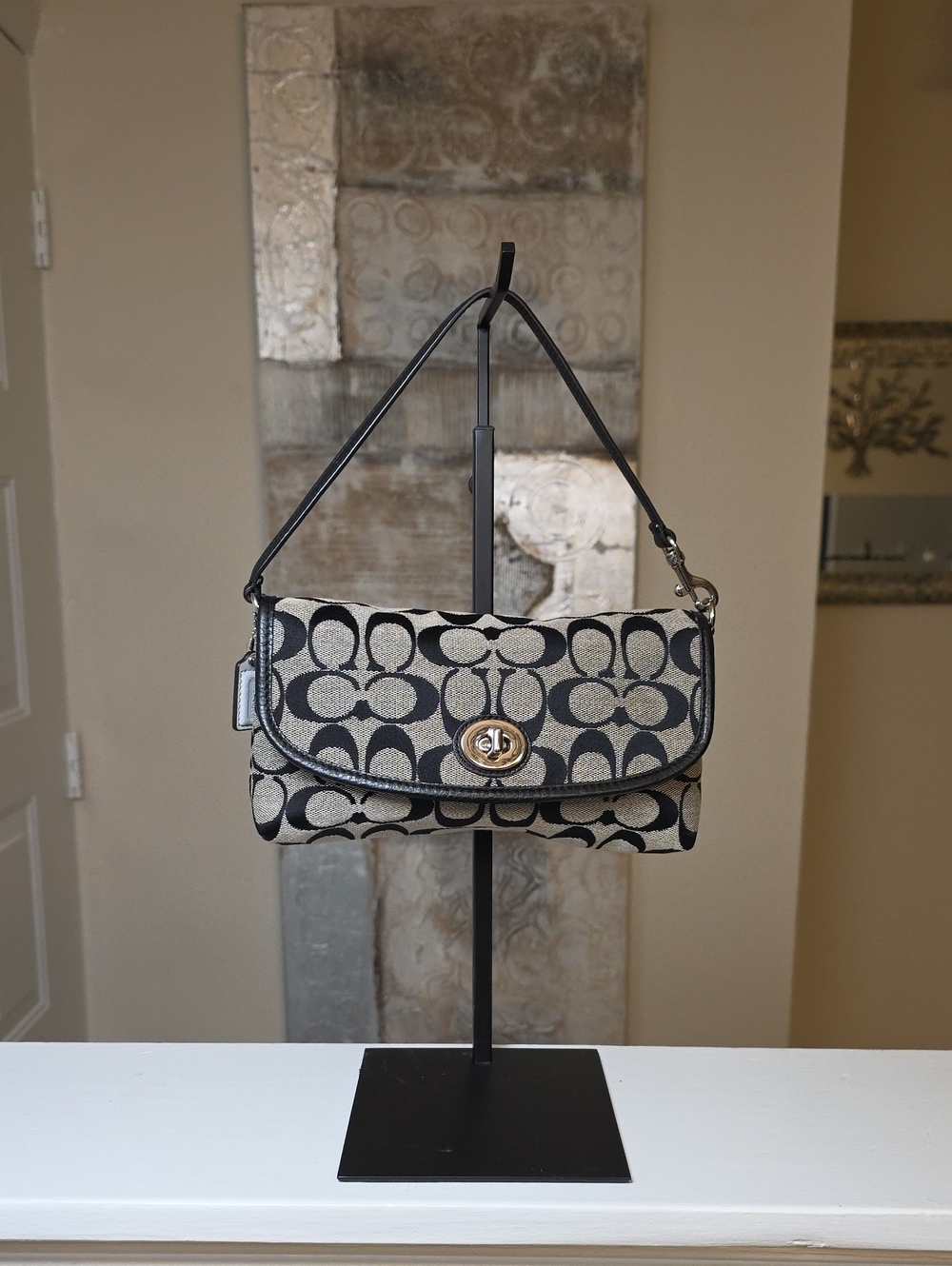 Coach Black/Gray Signature Print Black Leather Trim Minibag/Wristlet EUC